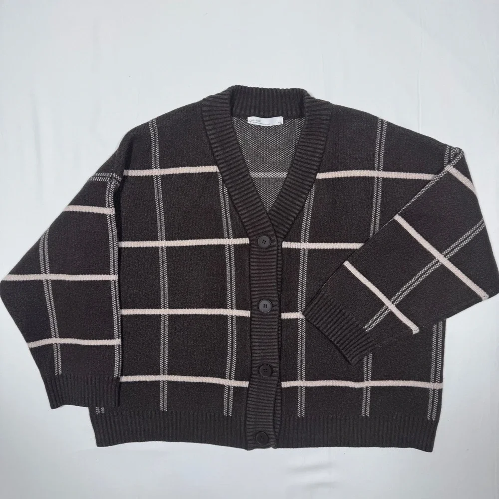 OAK + FORT Plaid Cardigan Brown Oversized M Dark Academia Minimalist Fall Office - Picture 2 of 10